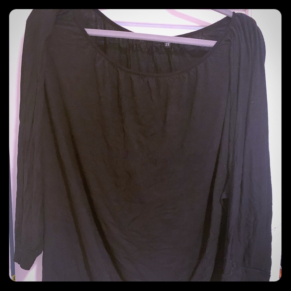 Black top with banded sleeves and banded bottom